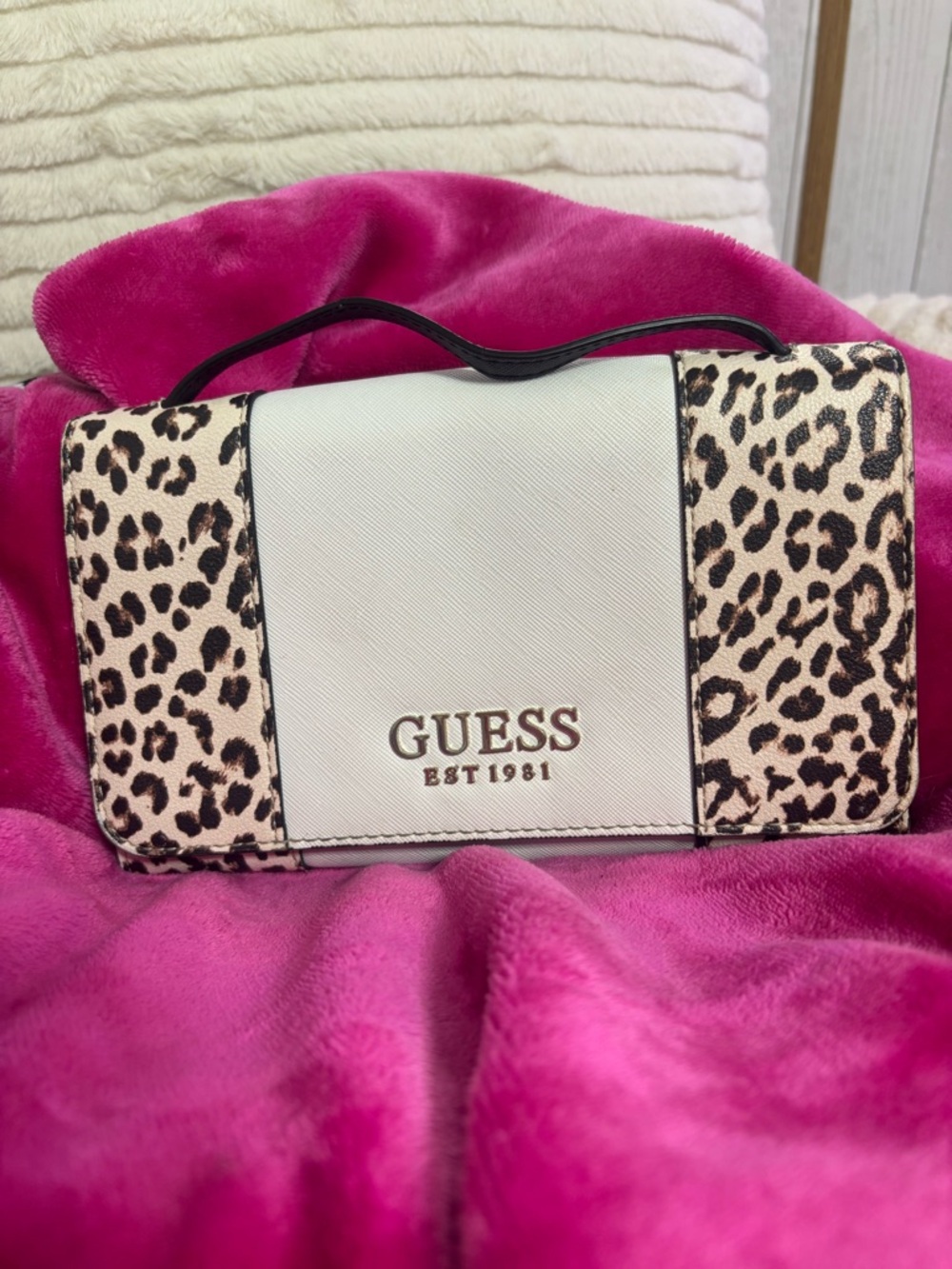 GUESS White and Leopard Print Wristlet Clutch